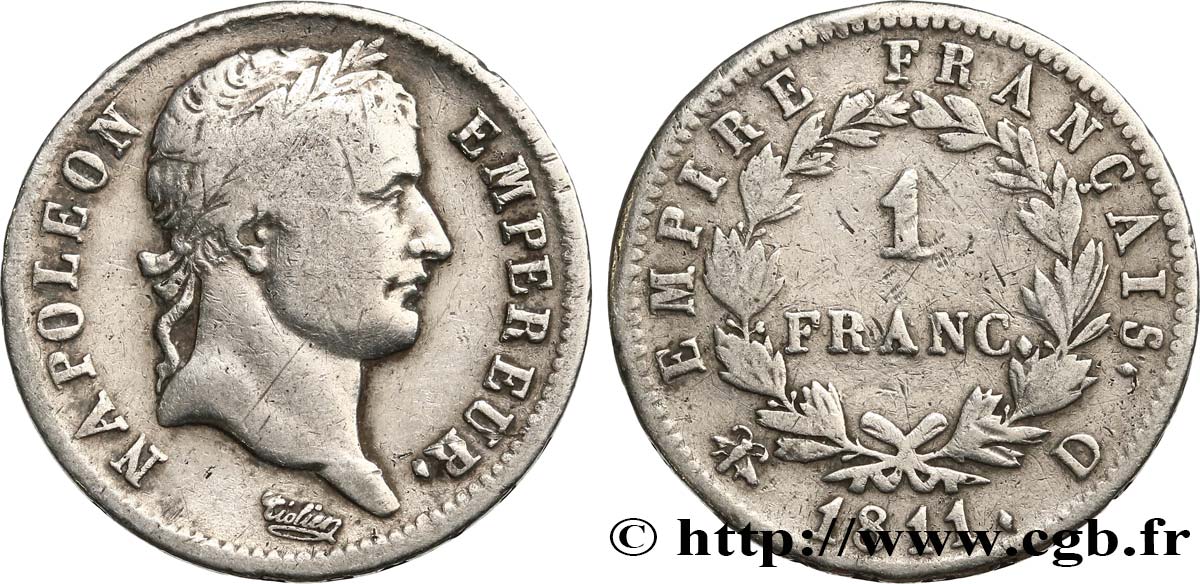 1 franc Napoléon Ier tête laurée, Empire français 1811 Lyon F.205/31 TB 