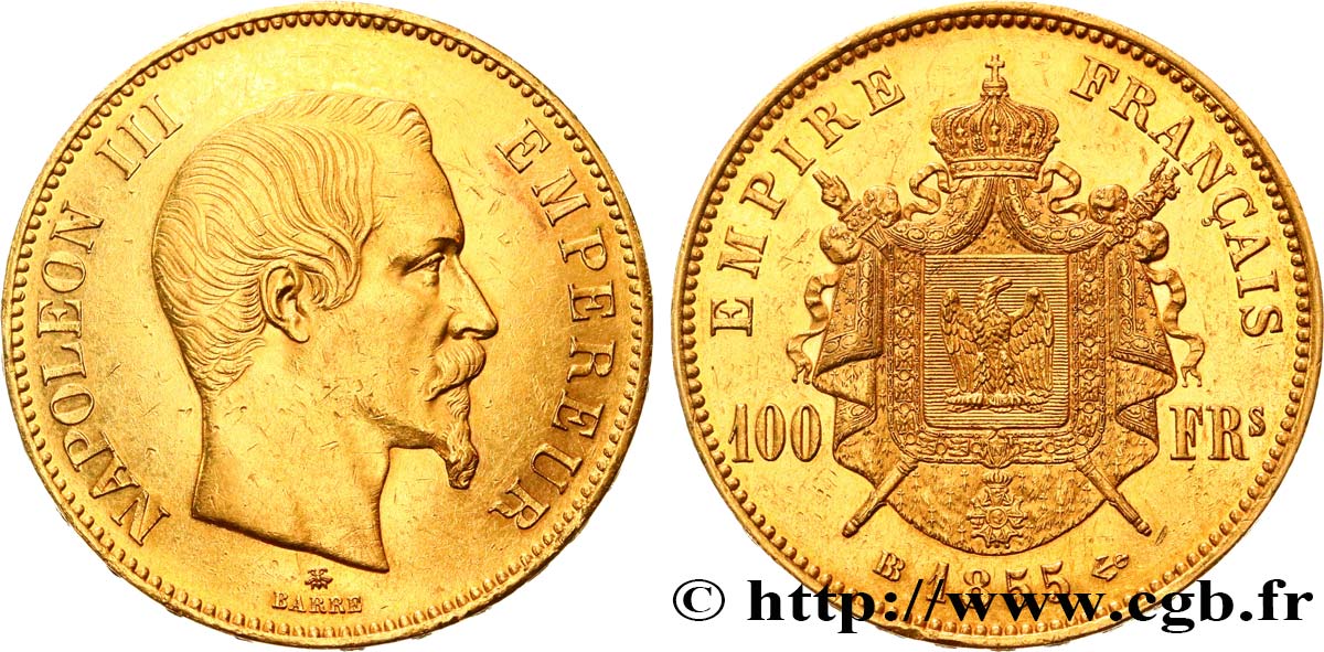 100 francs or Napoléon III, tête nue 1855 Strasbourg F.550/2 TTB53 