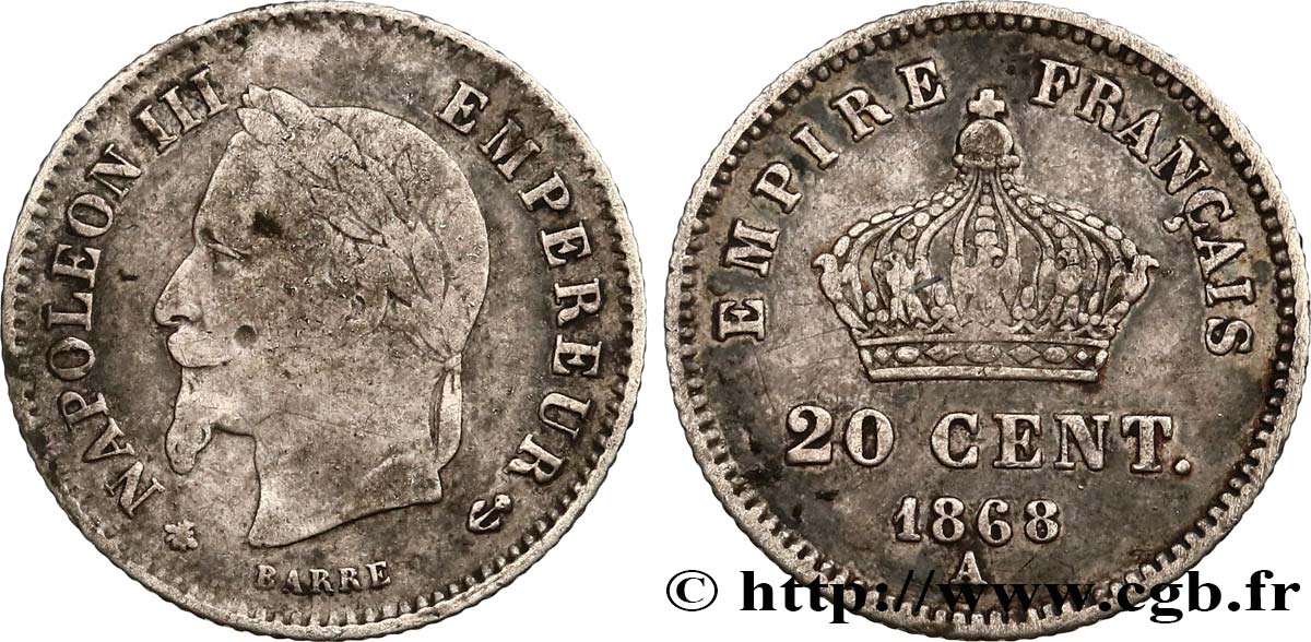 20 centimes Napoléon III, tête laurée, grand module 1868 Paris F.150/4 RC10 