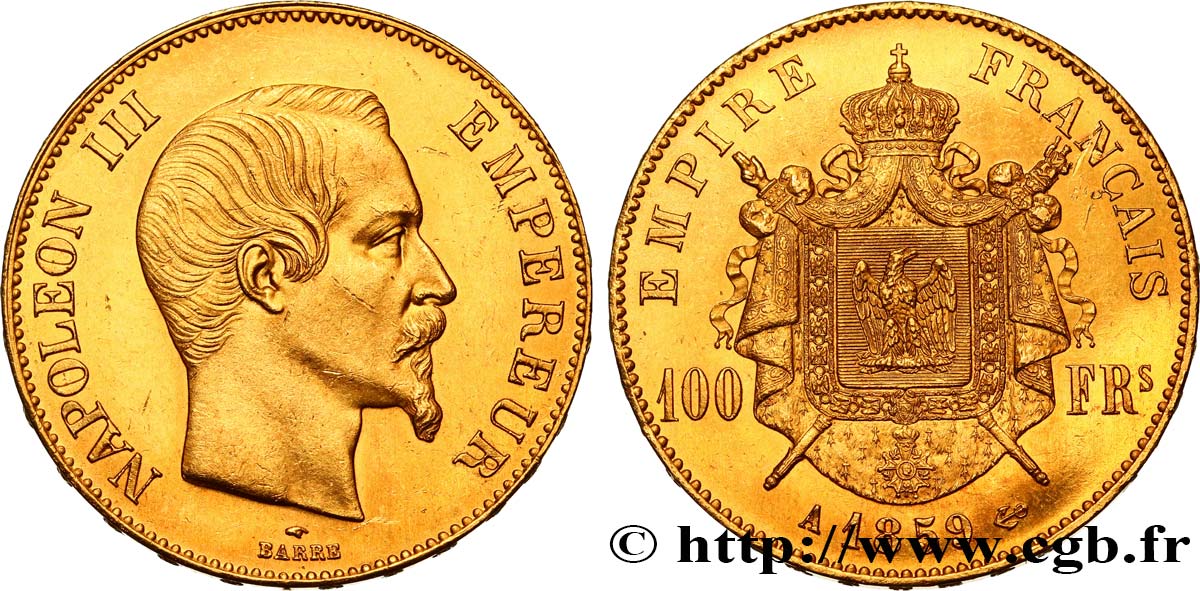 100 francs or Napoléon III, tête nue 1859 Paris F.550/7 SUP58 