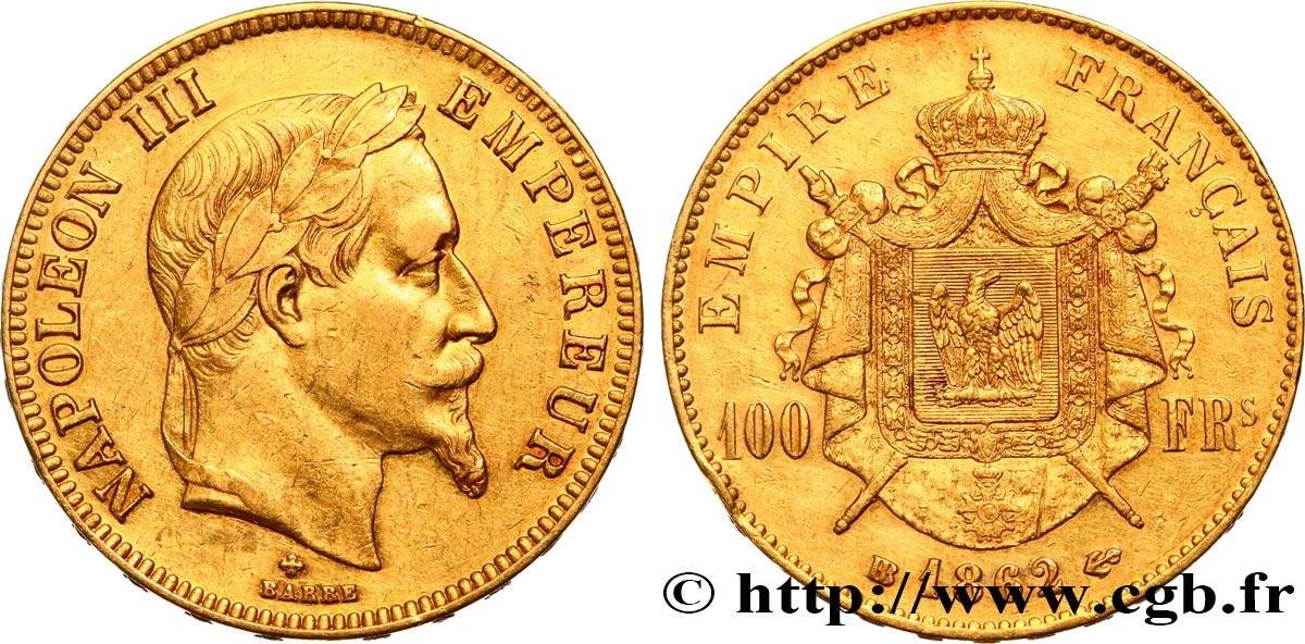 100 francs or Napoléon III, tête laurée 1862 Strasbourg F.551/2 XF48 