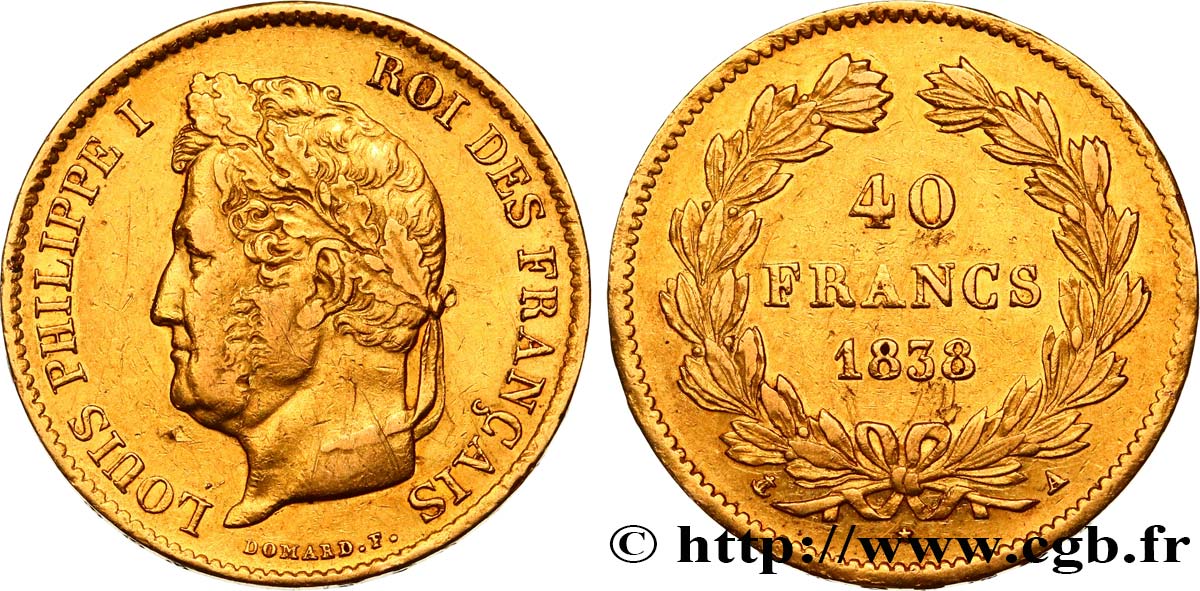 40 francs or Louis-Philippe 1838 Paris F.546/11 XF42 