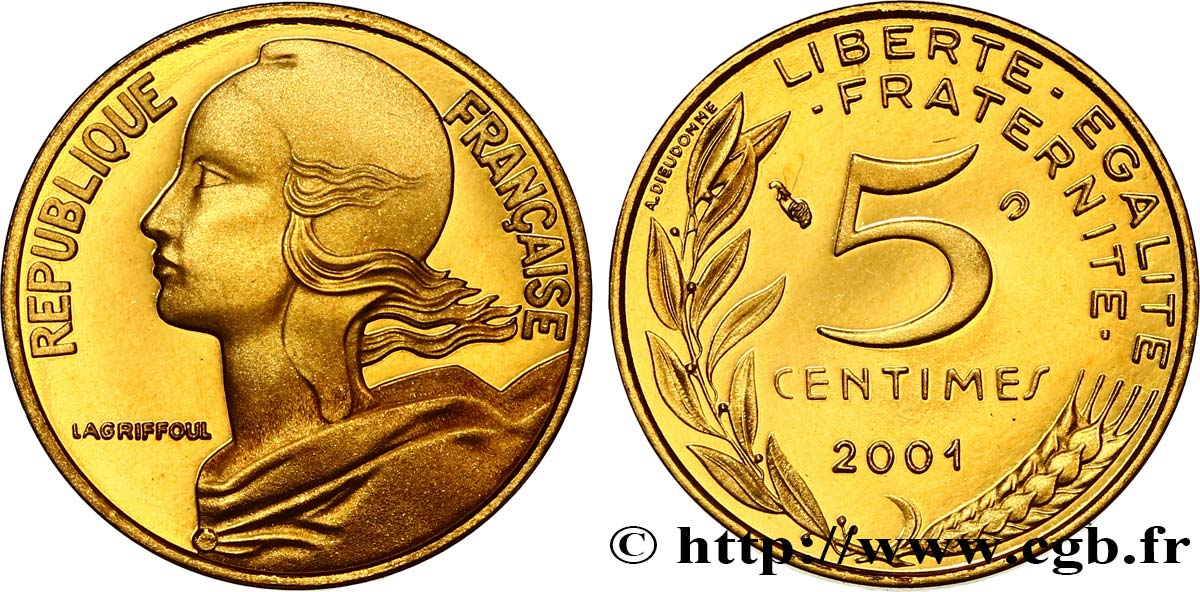 5 centimes Marianne, BE (Belle Épreuve) 2001 Pessac F.125/45 var. FDC 