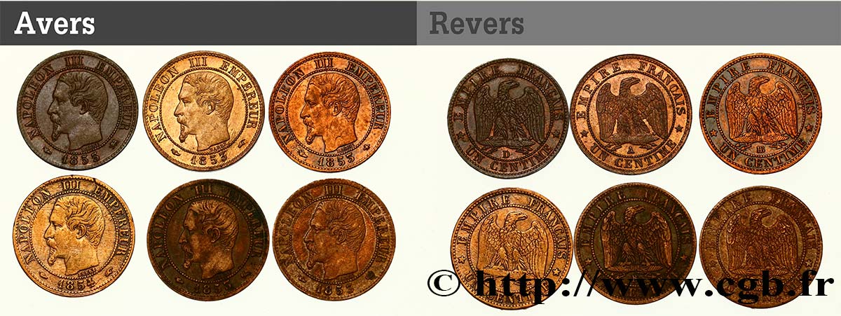 Lot de 6 pièces de Un centime Napoléon III, tête nue n.d. n.l. F.102/1 S/fVZ 