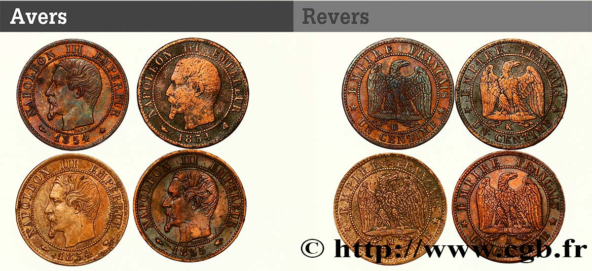 Lot de 4 pièces de Un centime Napoléon III, tête nue n.d. n.l. F.102/11 TB/TTB+ 