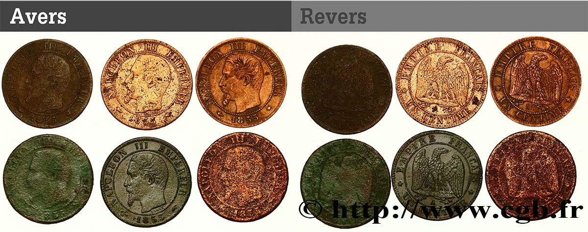 Lot de 6 pièces de Un centime Napoléon III, tête nue n.d. n.l. F.102/15 SGE/SS 