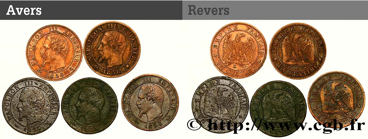Lot de 5 pièces de Un centime Napoléon III, tête nue n.d. n.l. F.102/24 BC/MBC 