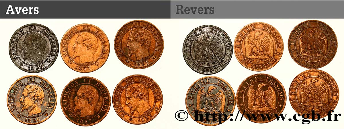 Lot de 6 pièces de Un centime Napoléon III, tête nue n.d. n.l. F.102/32 BC/MBC 
