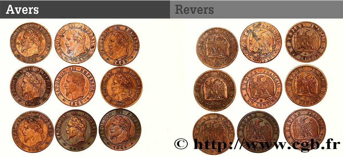 Lot de 9 pièces de Un centime Napoléon III, tête laurée n.d. n.l. F.103/1 MB/BB 