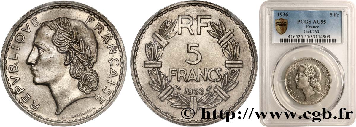 5 francs Lavrillier, nickel 1936  F.336/5 SUP55 PCGS