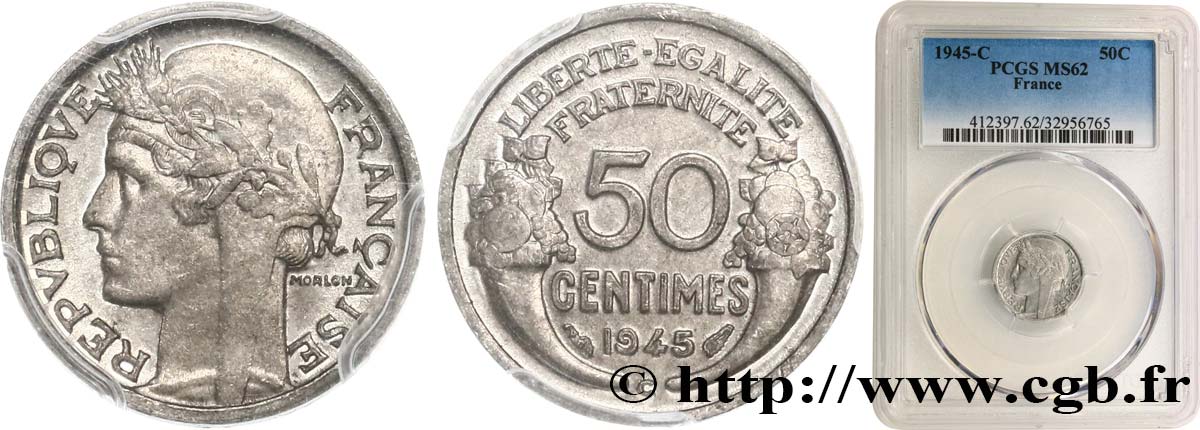 50 centimes Morlon, légère 1945 Castelsarrasin F.194/7 MS62 PCGS