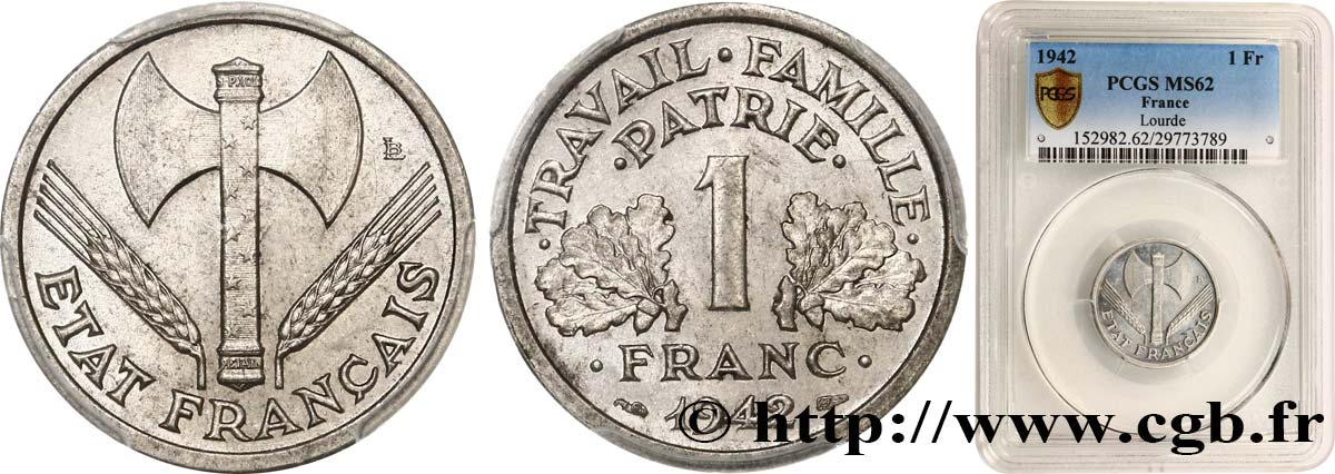 1 franc Francisque, lourde 1942  F.222/3 SUP62 PCGS