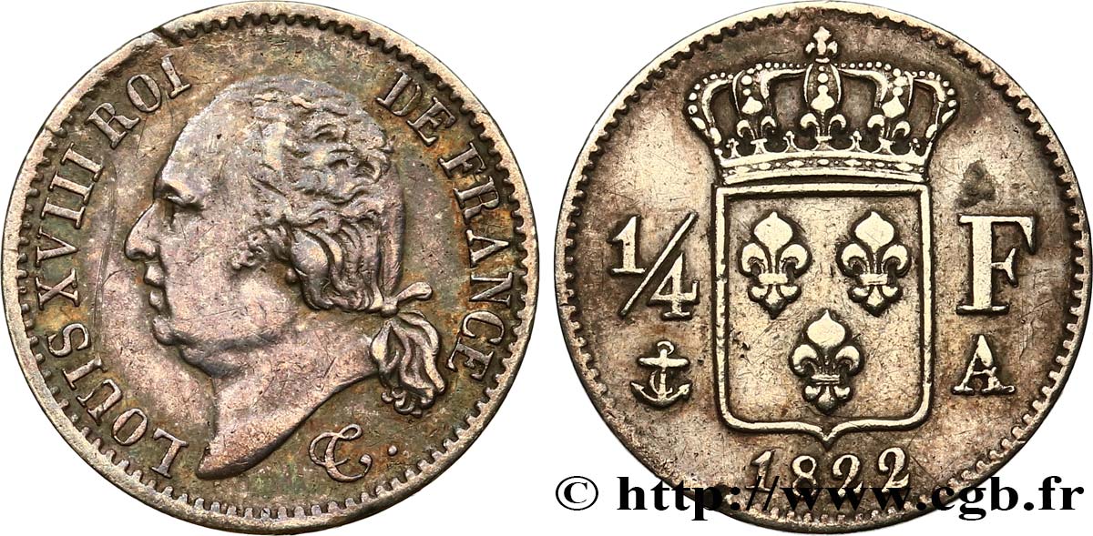 1/4 franc Louis XVIII 1822 Paris F.163/21 TB+ 