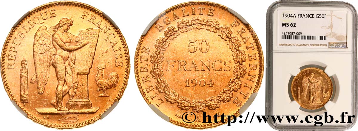 50 francs or Génie 1904 Paris F.549/6 MS62 NGC