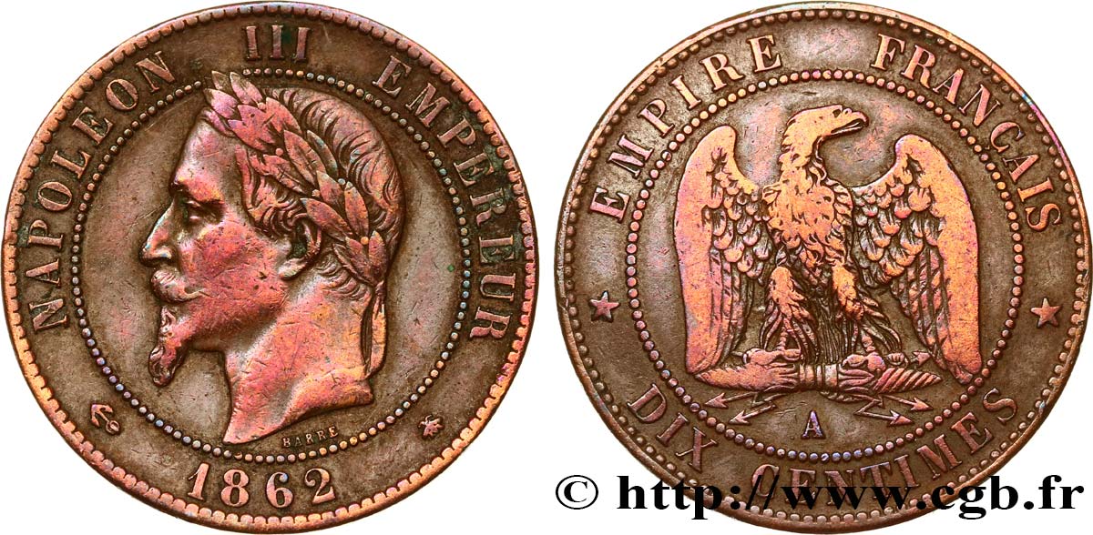Dix centimes Napoléon III, tête laurée 1862 Paris F.134/7 TB+ 