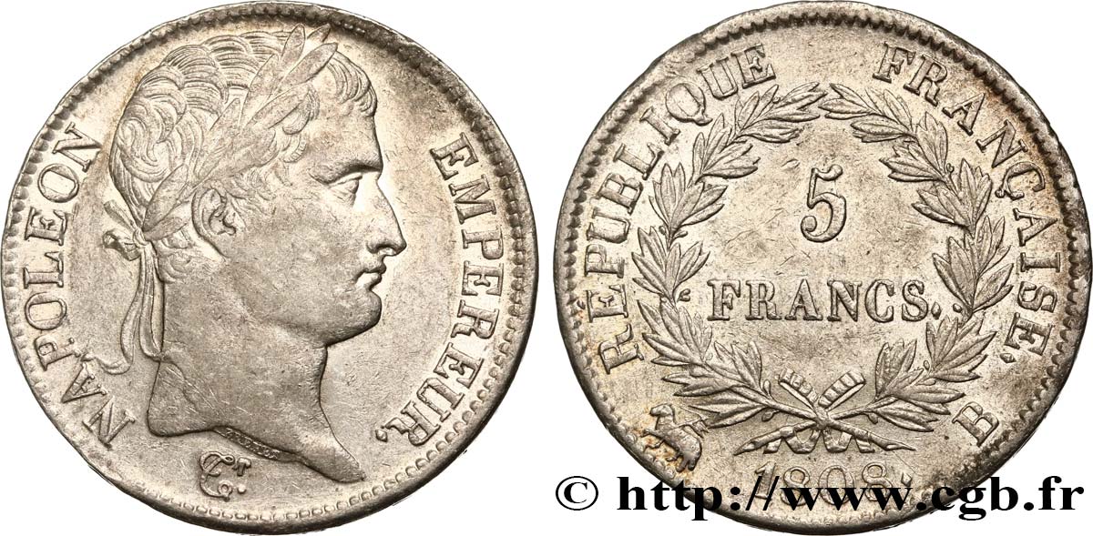 5 francs Napoléon empereur, République française 1808 Rouen F.306/3 AU54 