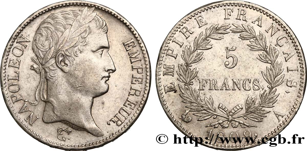 5 francs Napoléon Empereur, Empire français 1809 Paris F.307/1 AU54 