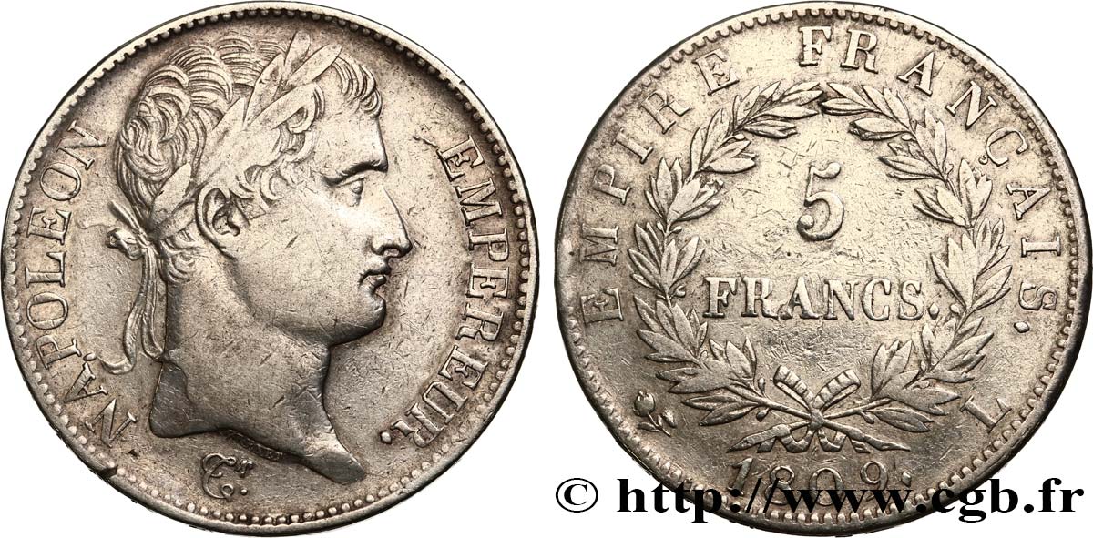 5 francs Napoléon Empereur, Empire français 1809 Bayonne F.307/8 TB35 