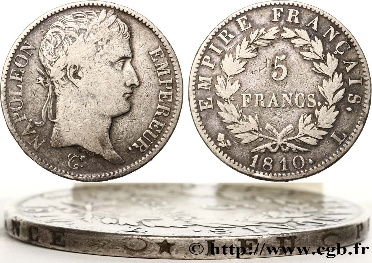 5 francs Napoléon empereur, Empire français, Tranche Fautée en *IEU 1810 Bayonne F.307/20 TB25 