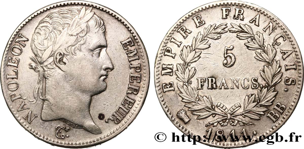 5 francs Napoléon Empereur, Empire français 1811 Strasbourg F.307/29 MBC42 