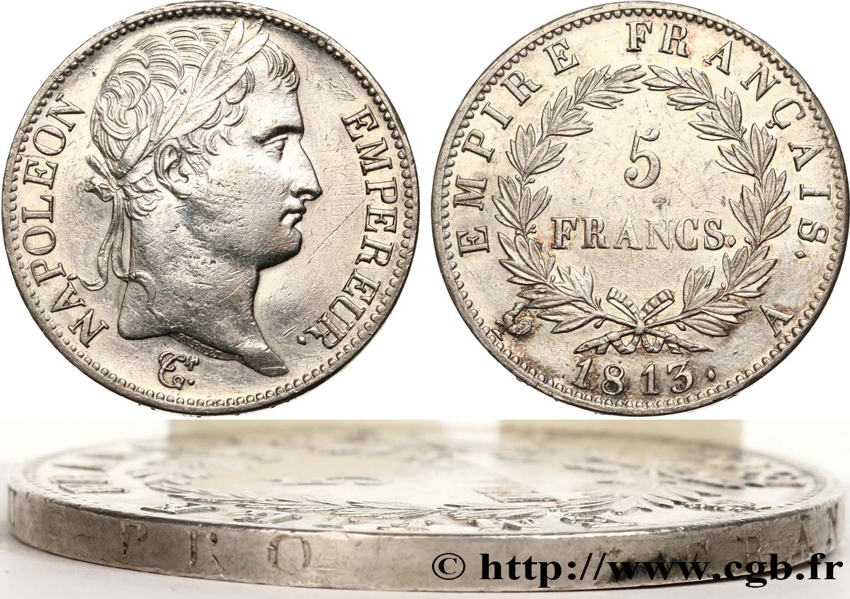 5 francs Napoléon Empereur, Empire français, Tranche fautée 1813 Paris F.307/58 MBC+ 