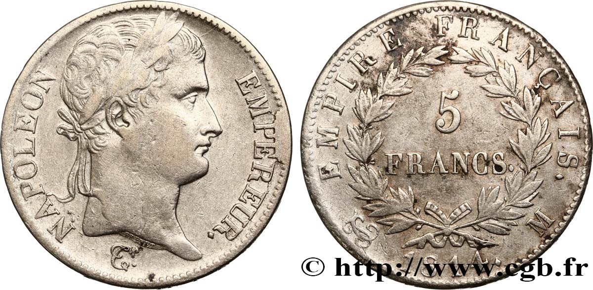 5 francs Napoléon Empereur, Empire français 1814 Toulouse F.307/82 MB35 