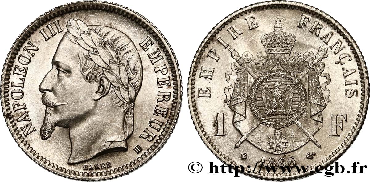 1 franc Napoléon III, tête laurée 1866 Strasbourg F.215/4 fST64 