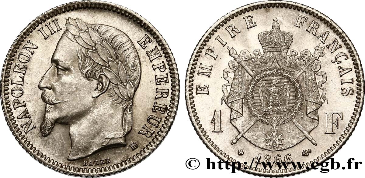 1 franc Napoléon III, tête laurée 1866 Strasbourg F.215/4 SPL62 