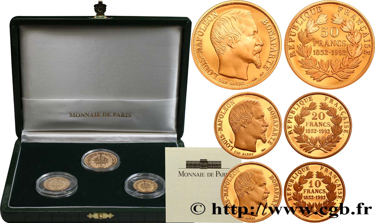 Coffret des trois monnaies Belle Épreuve Or 10, 20 et 50 francs “Napoléon” 1992  F5.  MS 