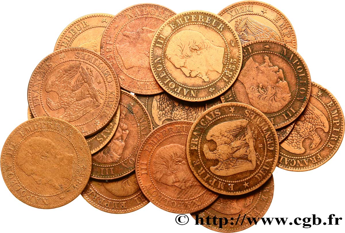 Lot de 16 pièces de Deux centimes Napoléon III, tête nue n.d. s.l. F.107/1-2-3 RC/MBC 