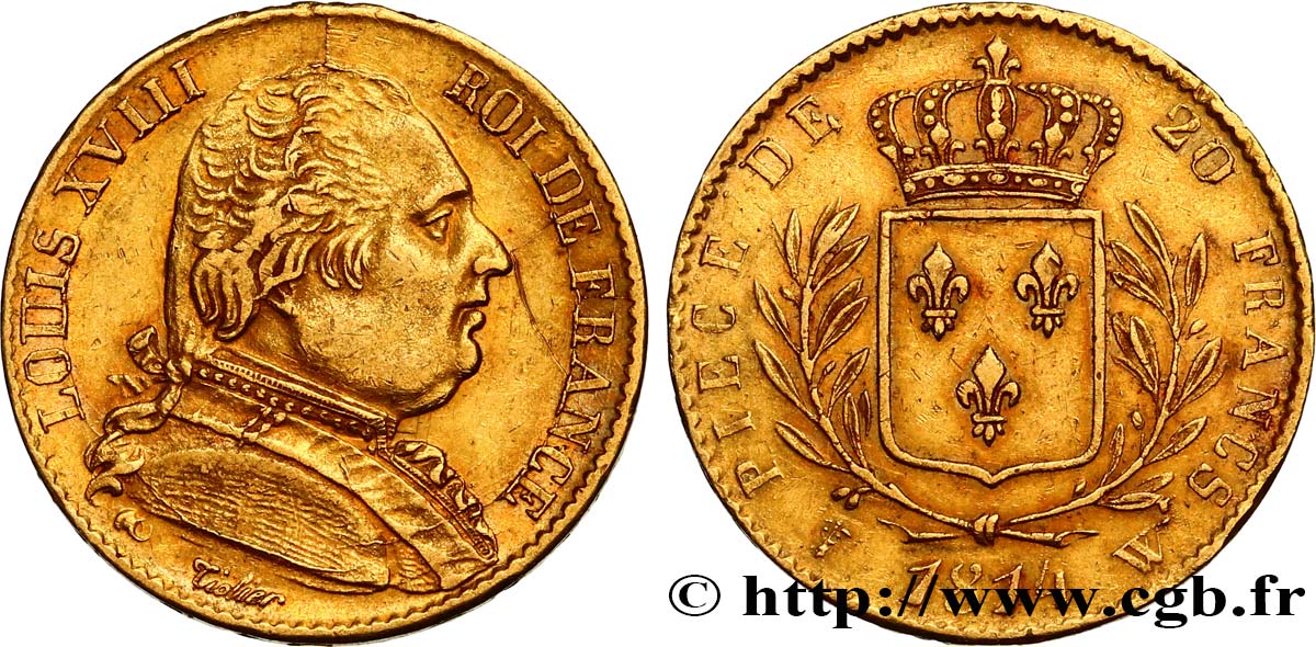 20 francs or Louis XVIII, buste habillé 1814 Lille F.517/9 XF45 