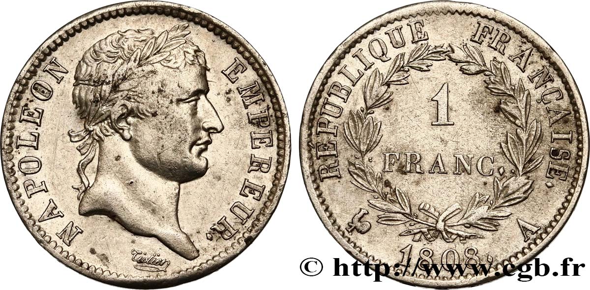 1 franc Napoléon Ier tête laurée, République française 1808 Paris F.204/2 XF40 