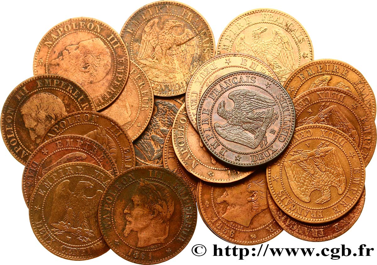 Lot de 20 pièces de Deux centimes Napoléon III, tête nue / tête laurée n.d. s.l. F.107/27-27-22 B/SUP 