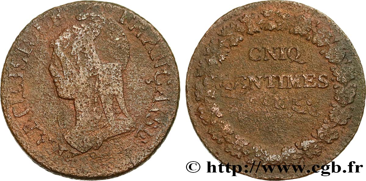 Cinq centimes Dupré, grand module,  refrappage  du décime, CNIQ 1797 s.l. F.114/- B 