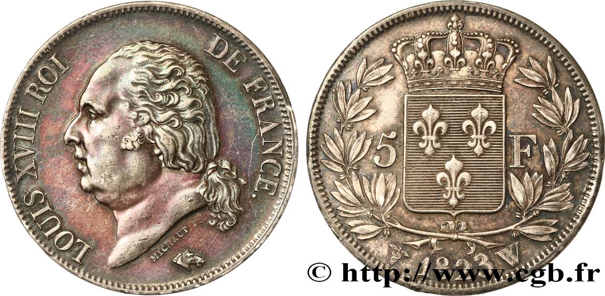 5 francs Louis XVIII, tête nue 1823 Lille F.309/87 EBC55 