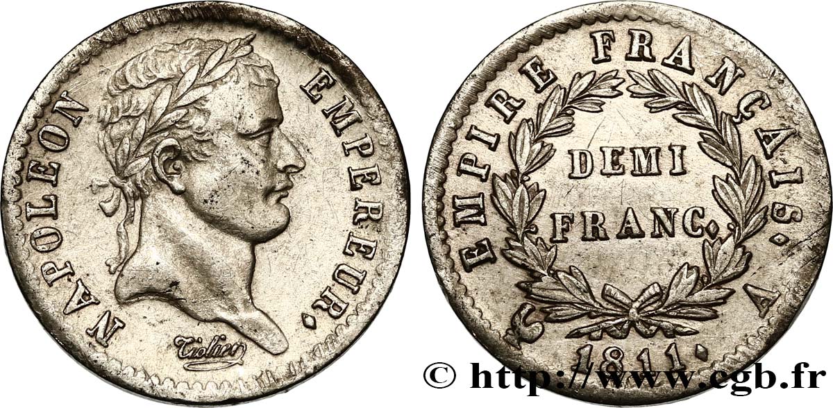 Demi-franc Napoléon Ier tête laurée, Empire français 1811 Paris F.178/21 BB50 