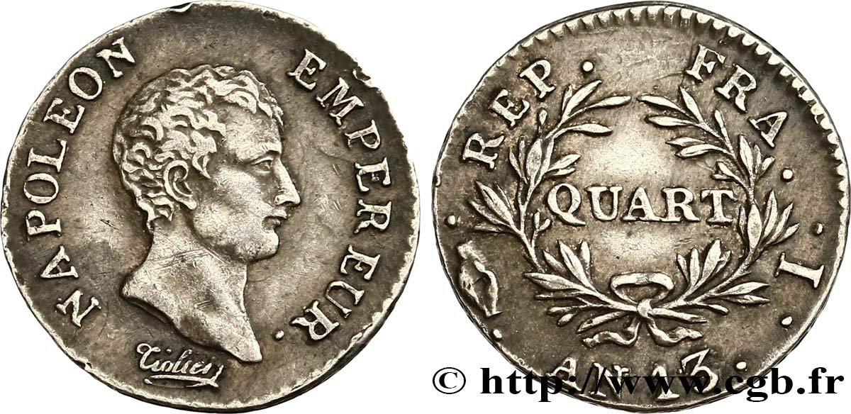 Quart (de franc) Napoléon Empereur, Calendrier révolutionnaire 1805 Limoges F.158/11 TTB48 