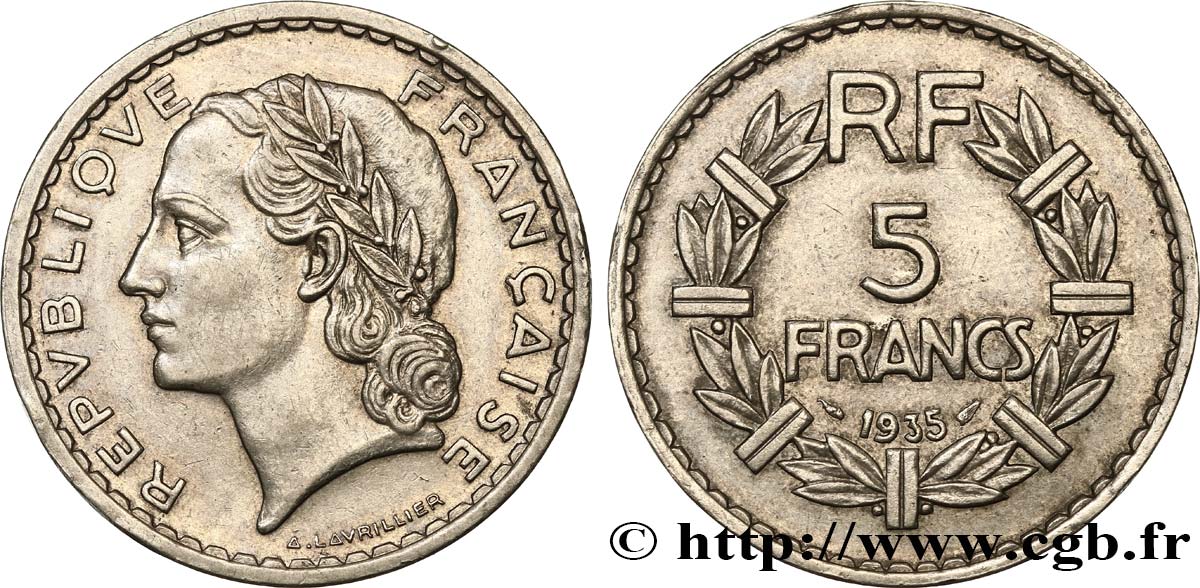 5 francs Lavrillier, nickel 1935  F.336/4 AU50 