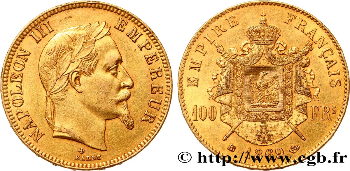 100 francs or Napoléon III, tête laurée 1869 Strasbourg F.551/13 AU50 