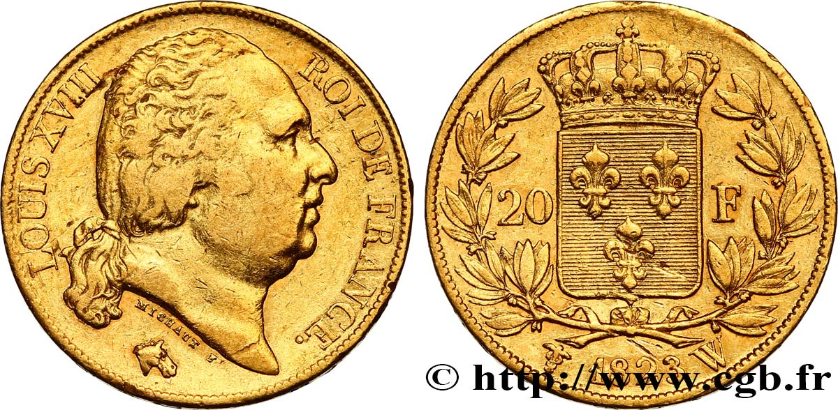 20 francs or Louis XVIII, tête nue 1823 Lille F.519/30 TB38 