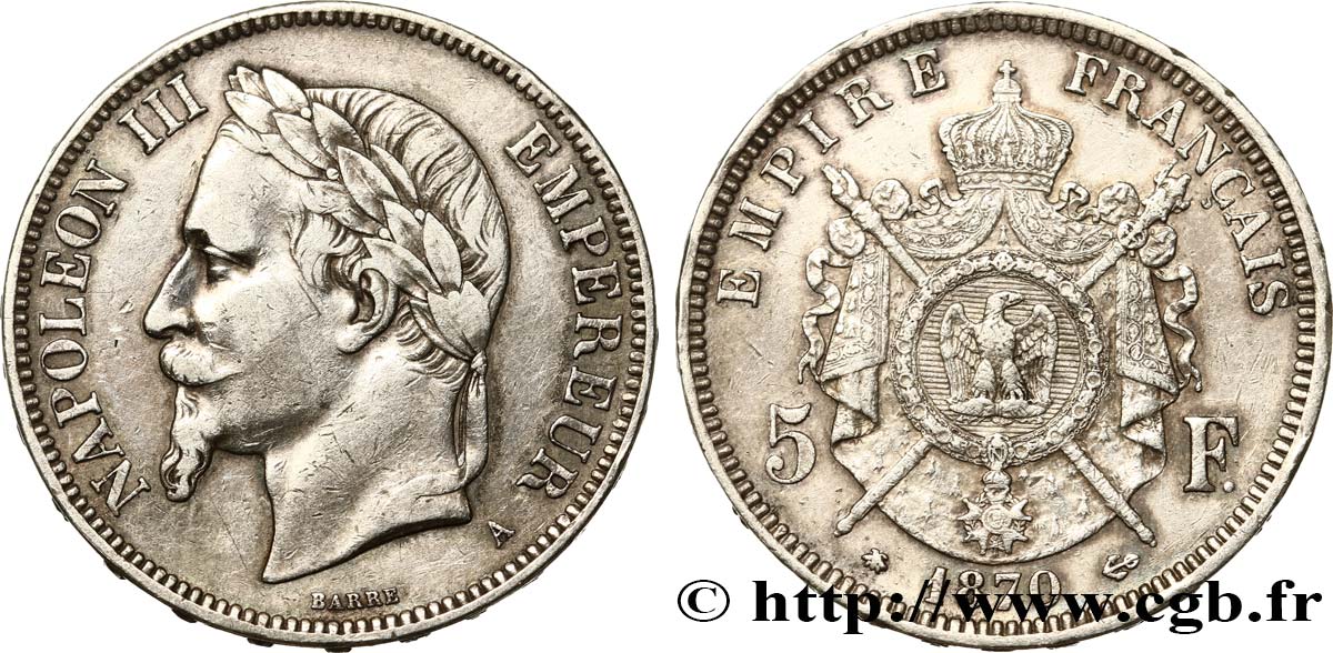 5 francs Napoléon III, tête laurée 1870 Paris F.331/16 TB+ 