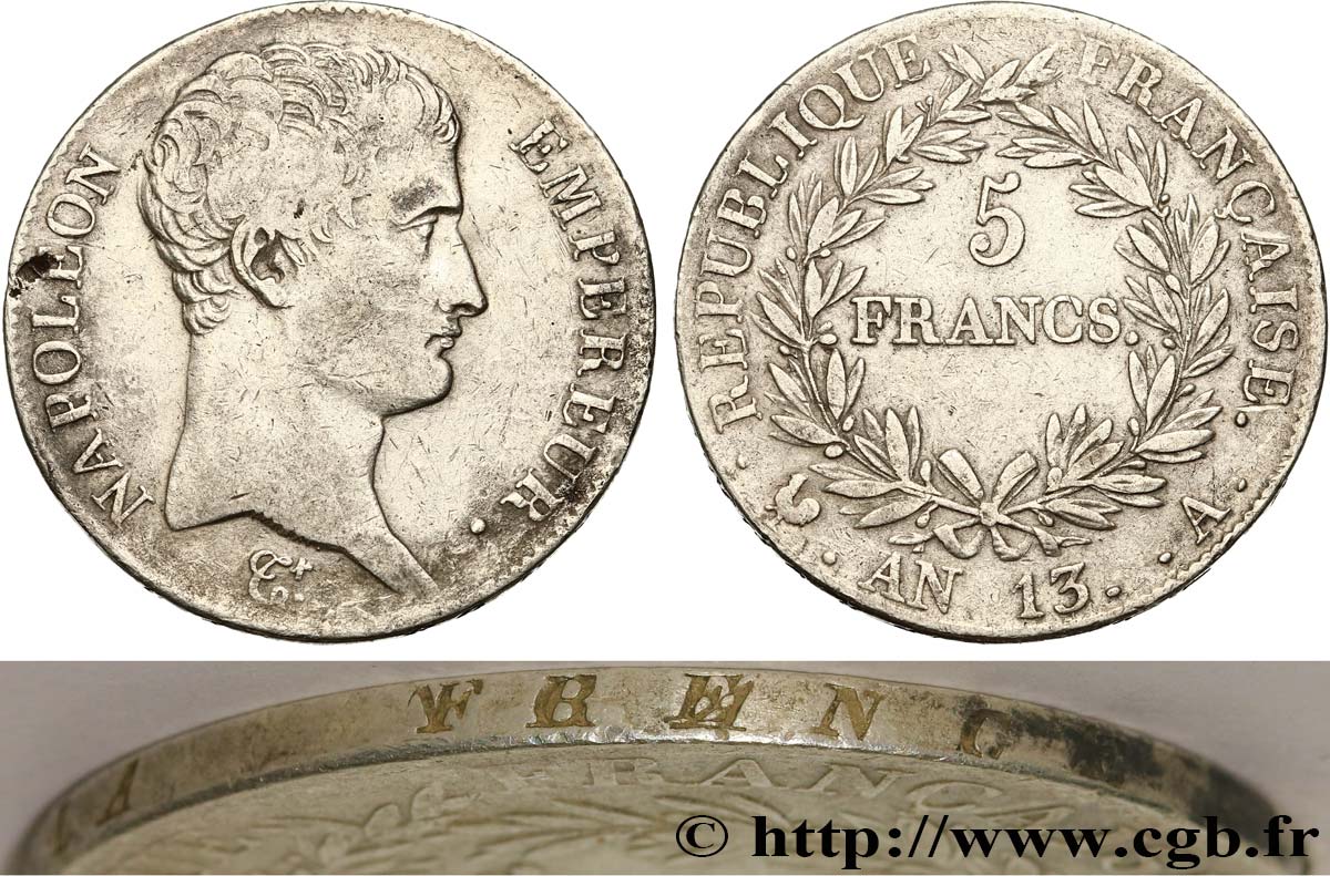 5 francs Napoléon Empereur, Calendrier révolutionnaire, Tranche fautée 1805 Paris F.303/2 MB30 