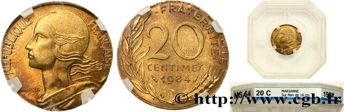 20 centimes Marianne, frappe fautée sur flan de 10 centimes Marianne 1984 Pessac F.156/24 var. SC64 GENI