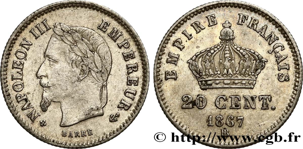 20 centimes Napoléon III, tête laurée, grand module 1867 Strasbourg F.150/2 TTB45 