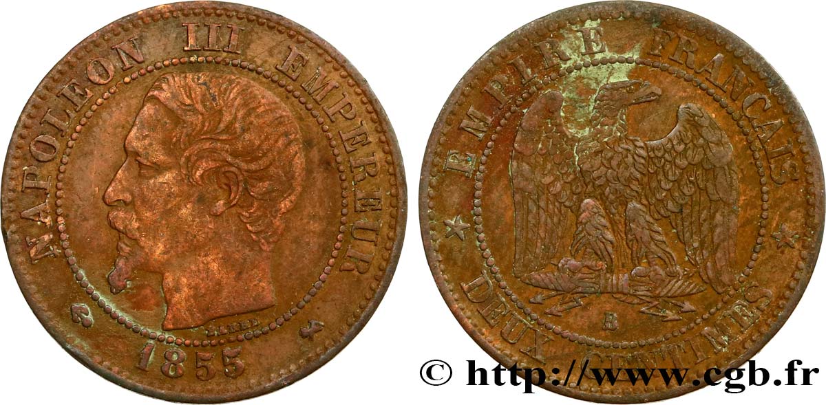 Deux centimes Napoléon III, tête nue 1855 Rouen F.107/22 S 