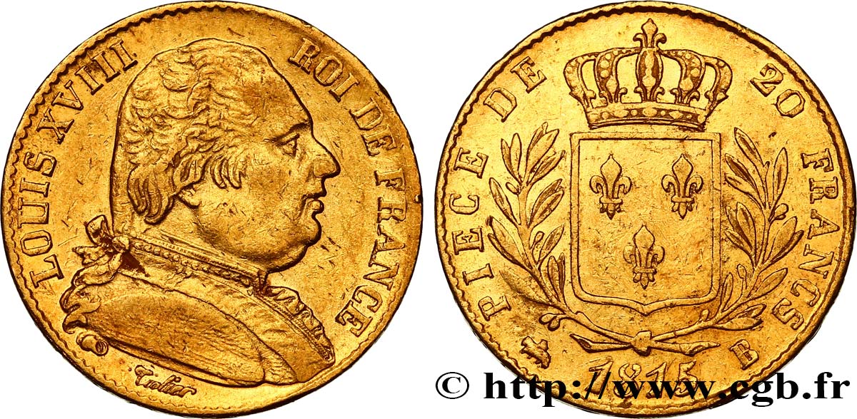 20 francs or Louis XVIII, buste habillé 1815 Rouen F.517/11 XF48 