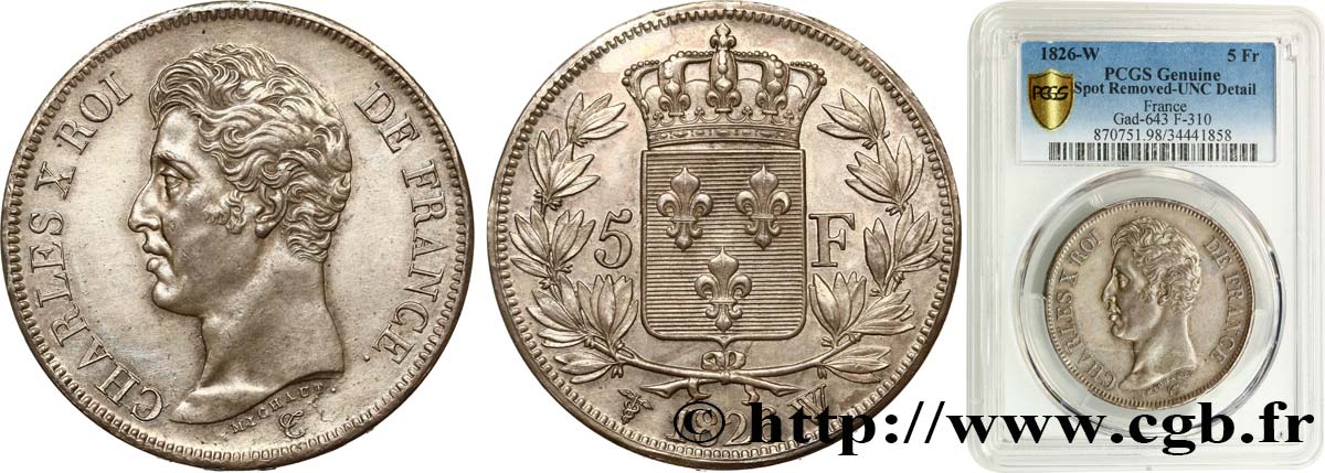 5 francs Charles X, 1er type 1826 Lille F.310/27 MS PCGS