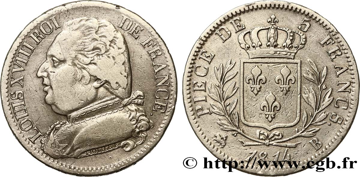 5 francs Louis XVIII, buste habillé 1814 Rouen F.308/2 TB35 