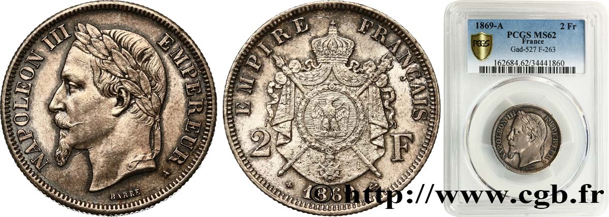 2 francs Napoléon III, tête laurée  1869 Paris F.263/10 EBC62 PCGS