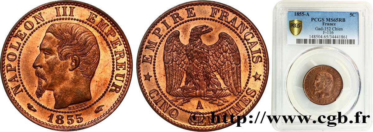 Cinq centimes Napoléon III, tête nue 1855 Paris F.116/16 MS65 PCGS